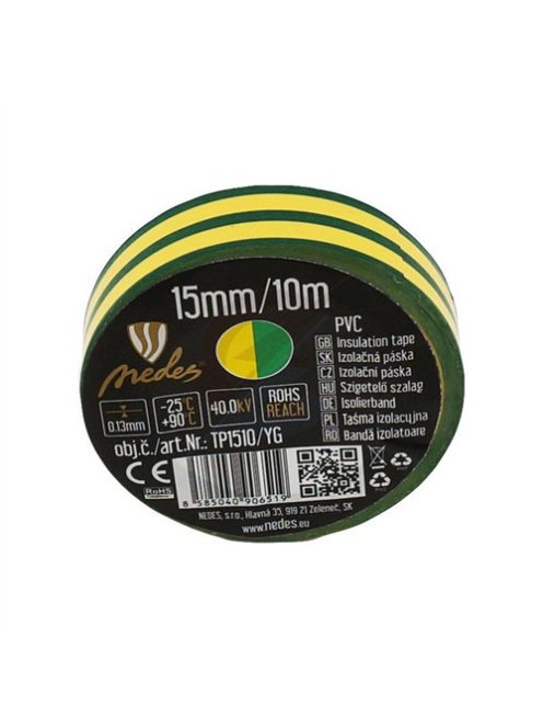 Szigetelőszalag PVC  15mm/10m sárga/zöld   - TP1510/YG