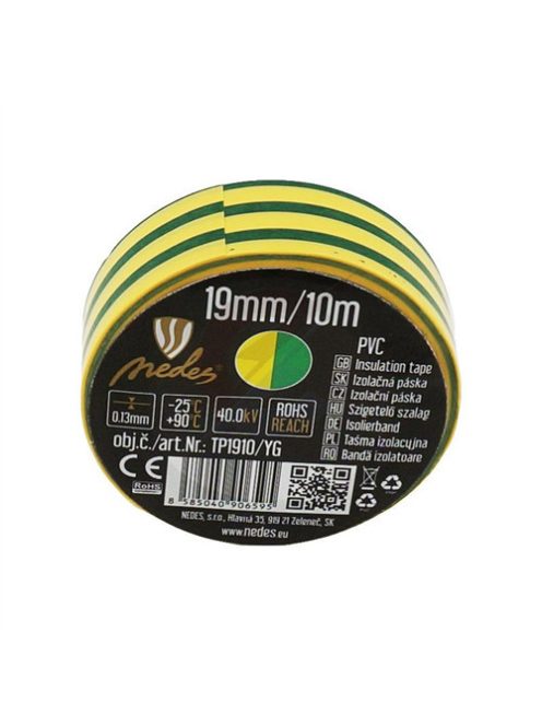 Szigetelőszalag PVC  19mm/10m sárga/zöld   - TP1910/YG