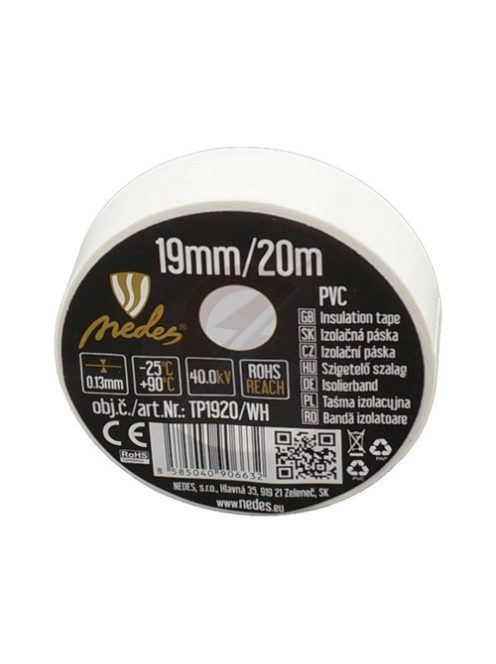 Szigetelőszalag PVC 19mm/20m fehér   - TP1920/WH