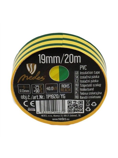 Szigetelőszalag PVC  19mm/20m sárga/zöld   - TP1920/YG